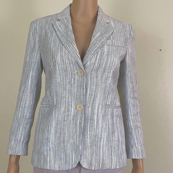 Theory white & blue stripe linen blazer size 2 - Picture 3 of 16